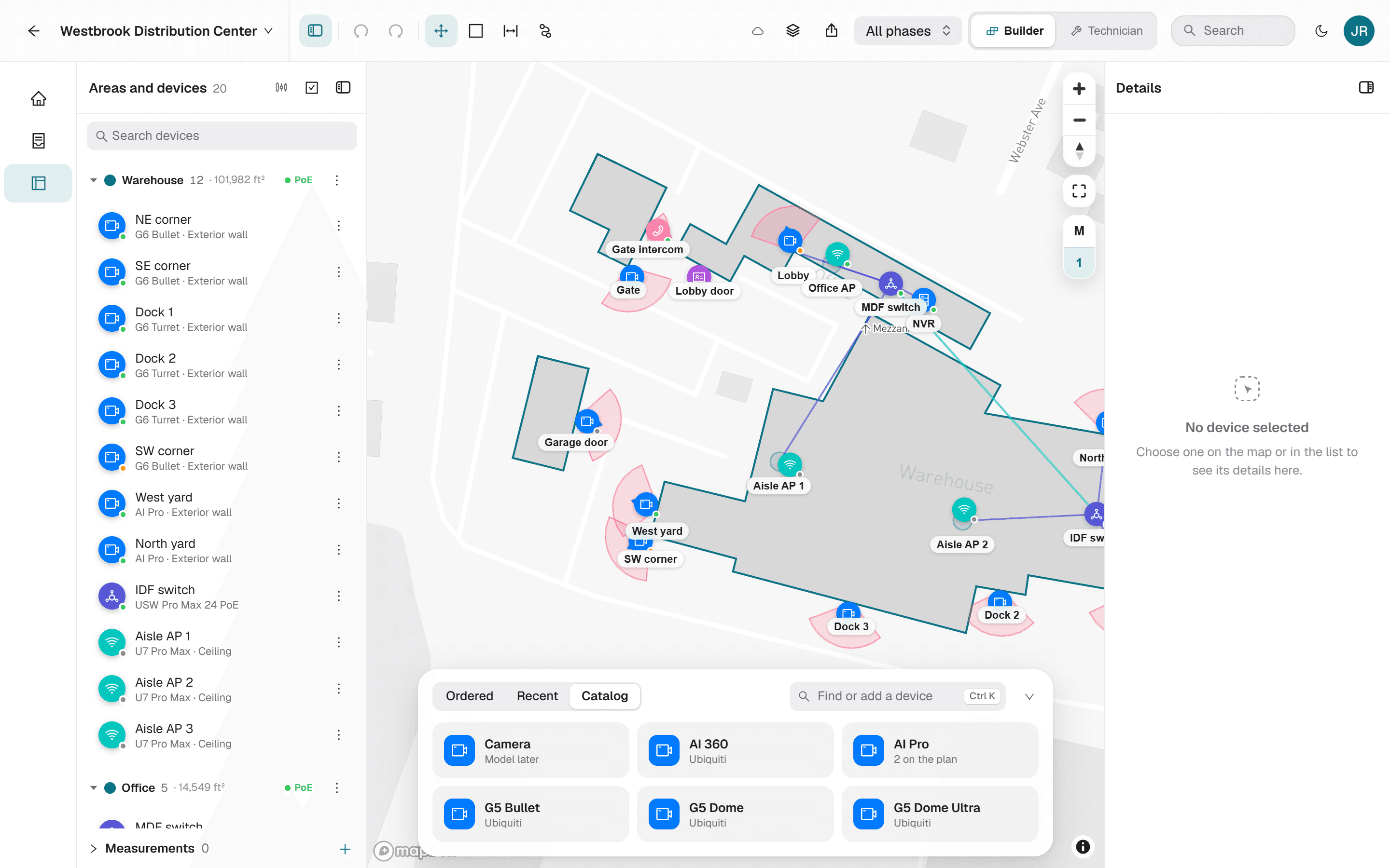 Impact's plan builder: a warehouse site map with cameras, access points and switches placed and wired together